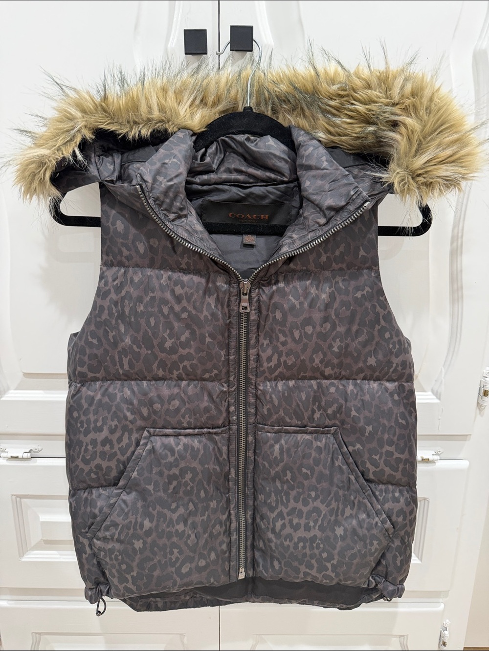 Coach Brown Gray Leopard Print Puffer Vest with Removable Faux Fur Hood